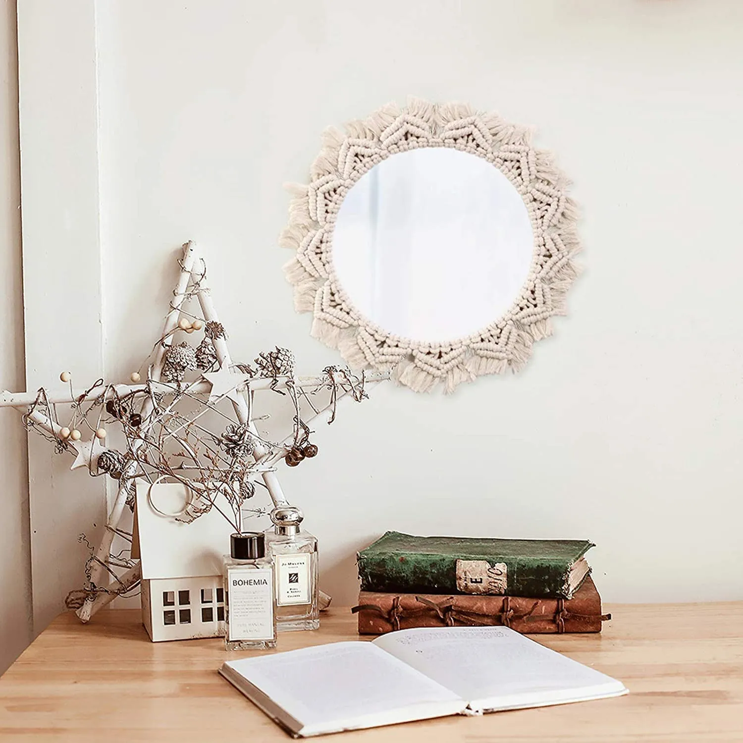 UROOZ Macrame Mirror Wall Hanging Boho Decorative Round Mirror for Bedroom Bohemian Décor for Wall Mounted Living Room Bedroom Kitchen Baby Nursery ,Makeup Room (Cream White)