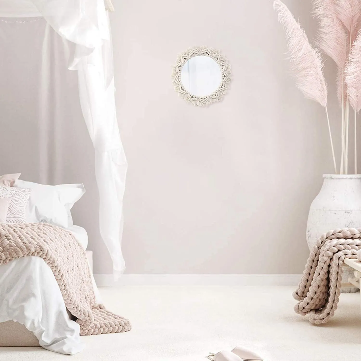 UROOZ Macrame Mirror Wall Hanging Boho Decorative Round Mirror for Bedroom Bohemian Décor for Wall Mounted Living Room Bedroom Kitchen Baby Nursery ,Makeup Room (Cream White)
