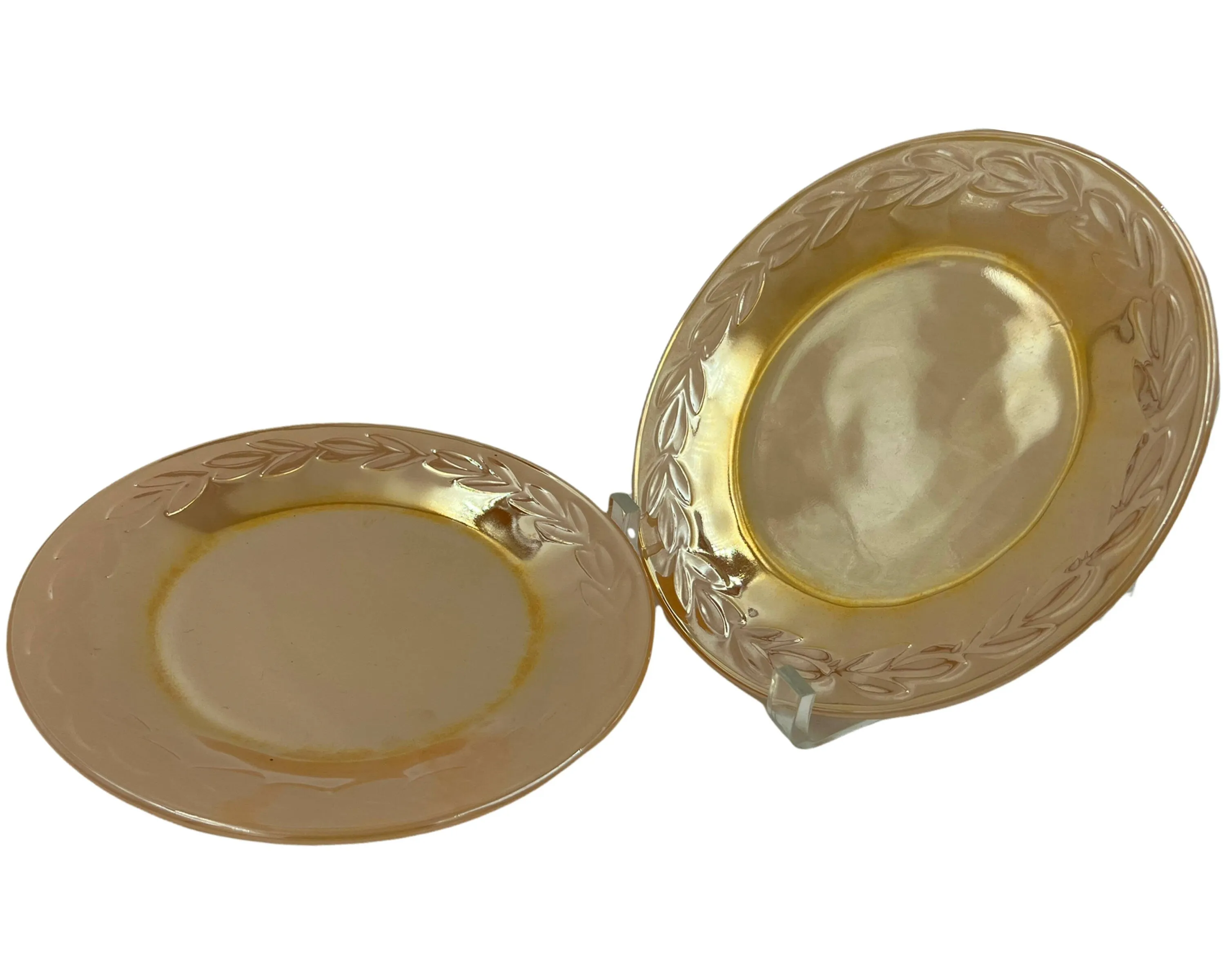 Vintage Fire King Peach Lustre Glass Laurel Salad Plate Pair 7 5/8