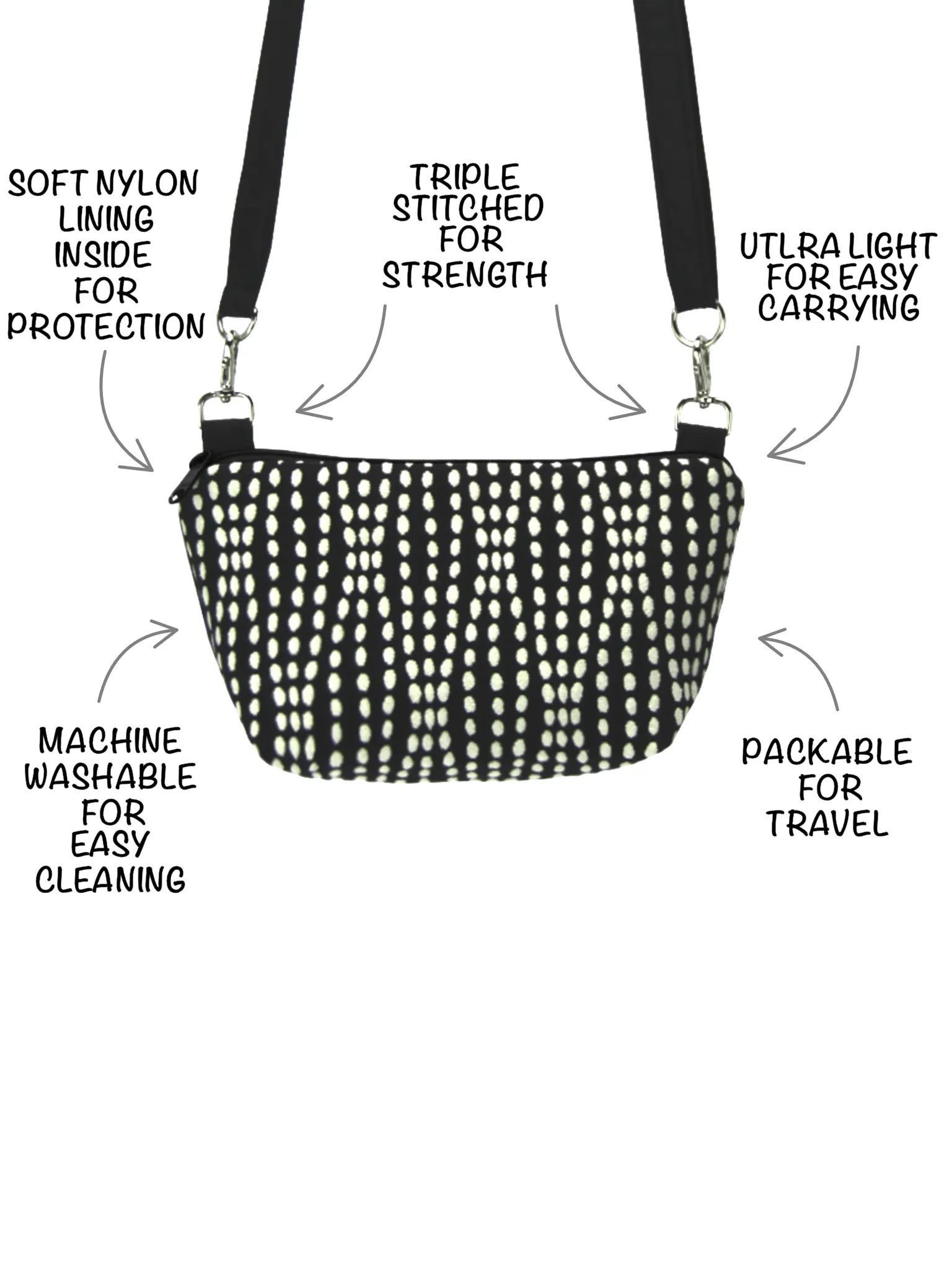 Wavy Dots in Black | Black Nylon | Pink Zipper | RTS Traveler Belt Bag