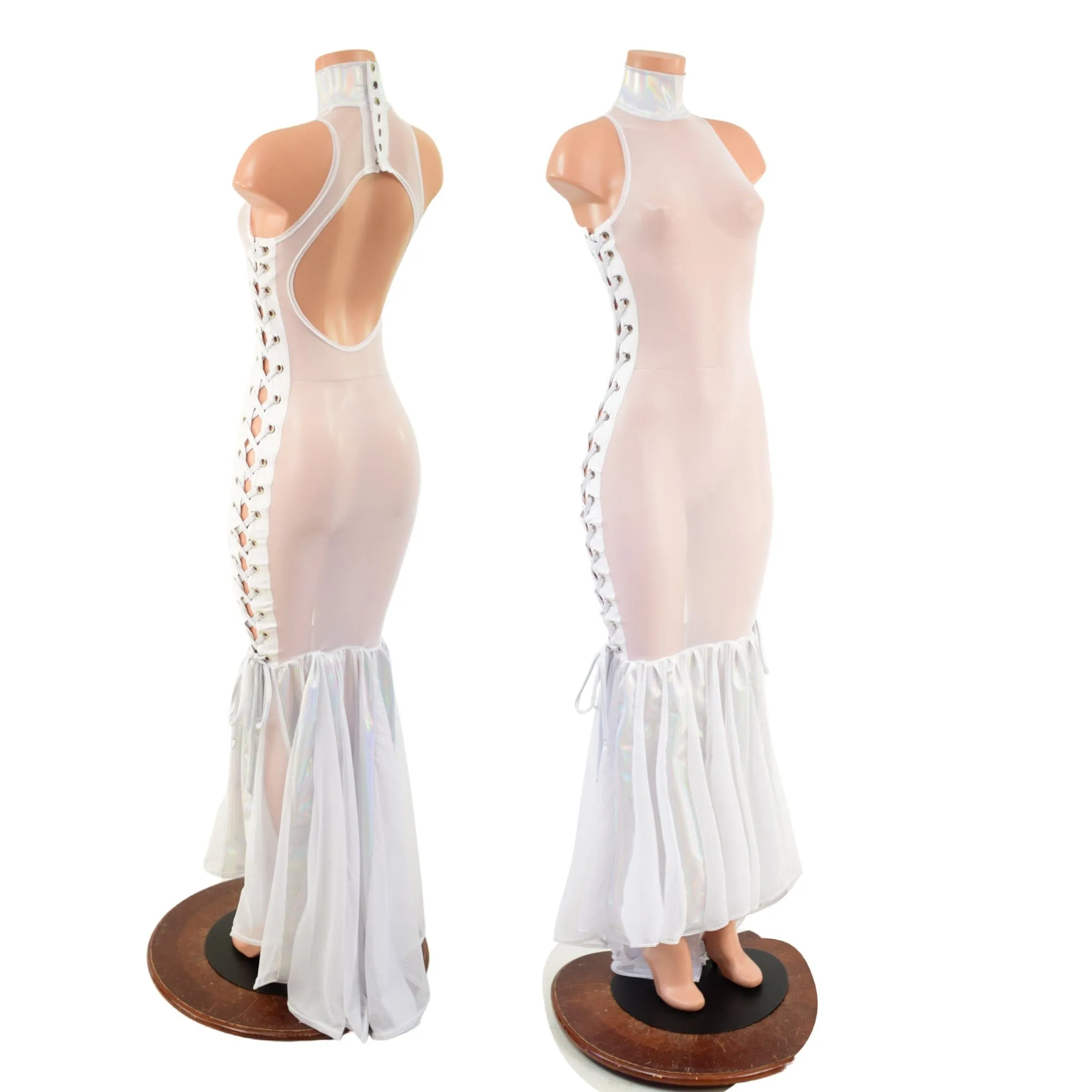 White Mesh Backless Puddle Train Gown with Snap Back Collar and Laceup Sides