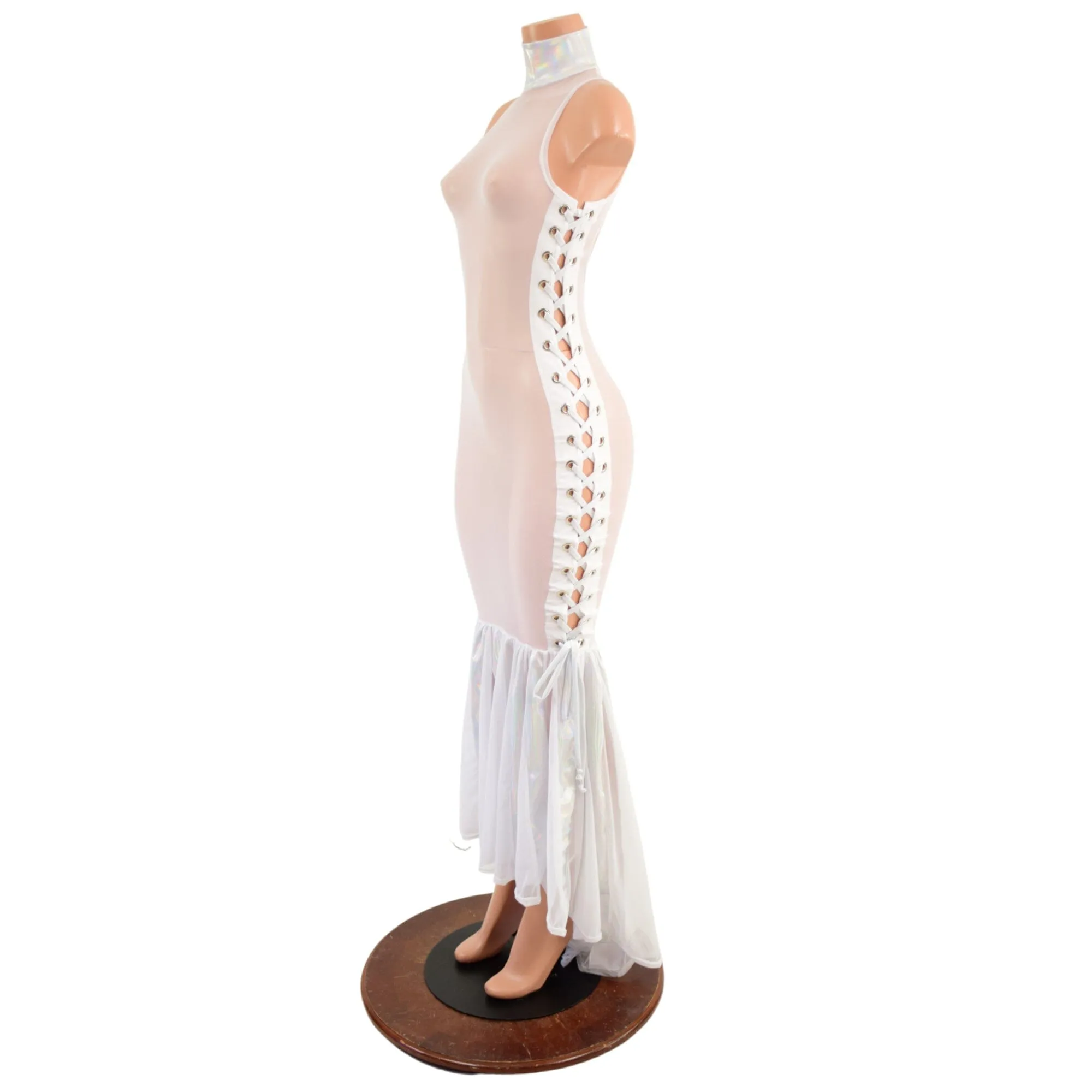 White Mesh Backless Puddle Train Gown with Snap Back Collar and Laceup Sides