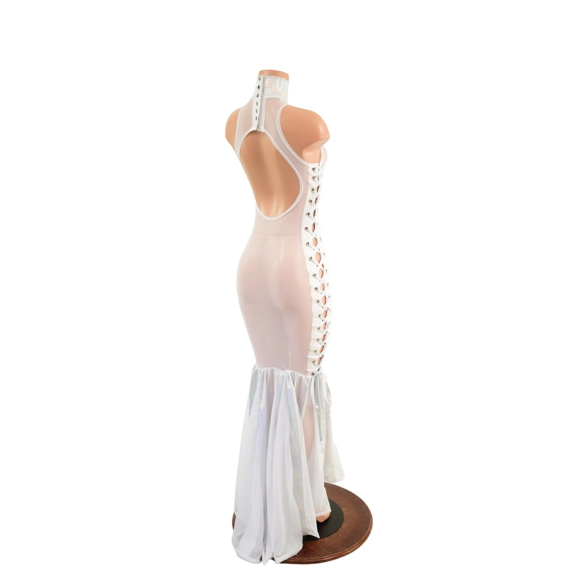 White Mesh Backless Puddle Train Gown with Snap Back Collar and Laceup Sides