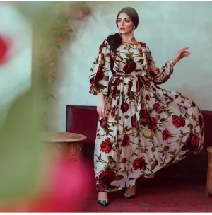 Wjczt Casual Traditional Festive Grosgrain Turkish Ruffle Rose Print Crew Neck Bohemian Muslim Dress Robe Femme Musulmane Ab032