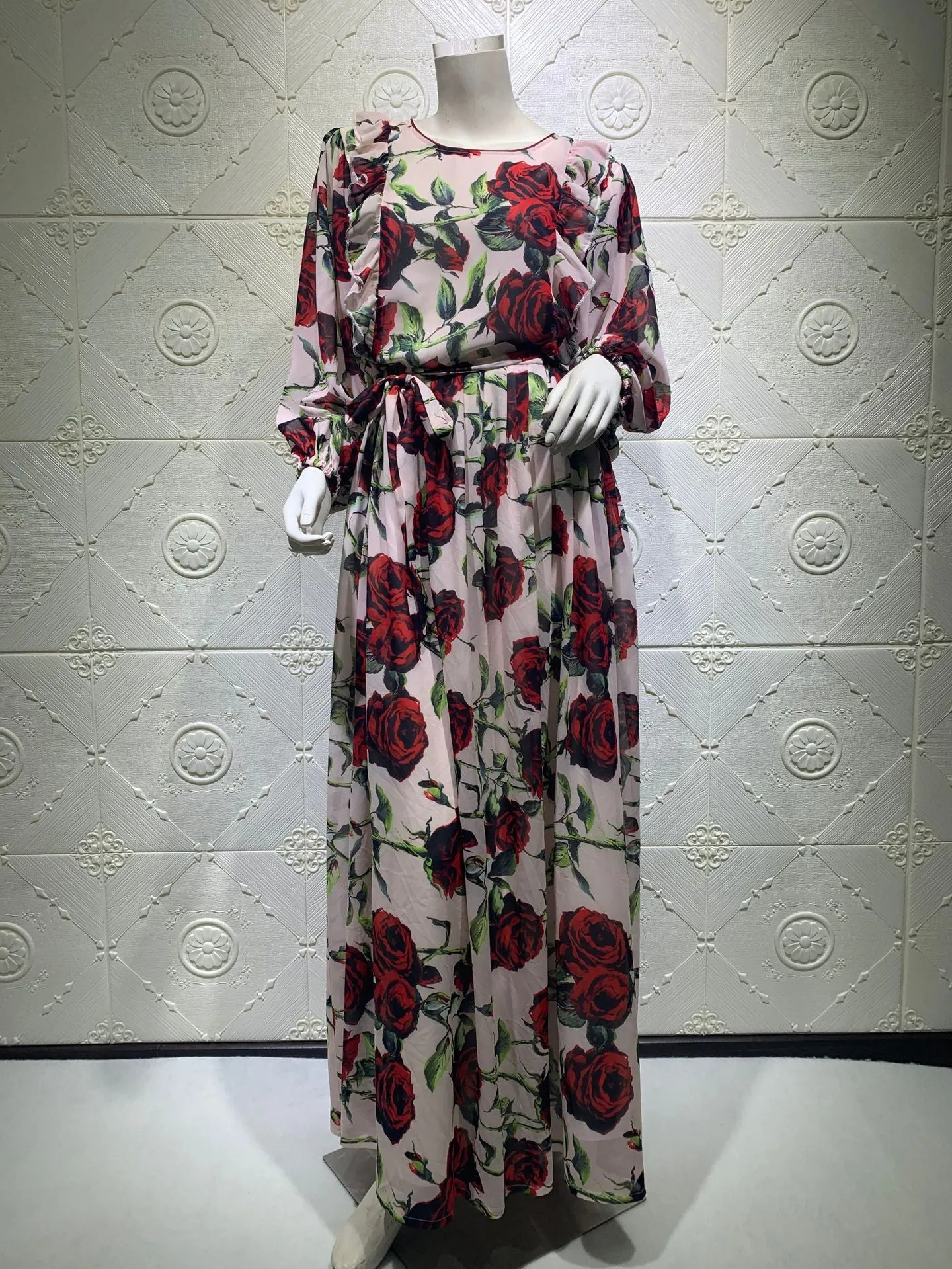 Wjczt Casual Traditional Festive Grosgrain Turkish Ruffle Rose Print Crew Neck Bohemian Muslim Dress Robe Femme Musulmane Ab032