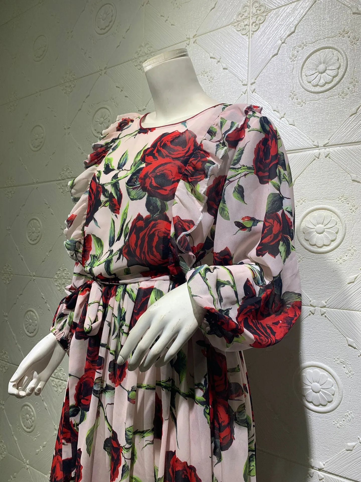 Wjczt Casual Traditional Festive Grosgrain Turkish Ruffle Rose Print Crew Neck Bohemian Muslim Dress Robe Femme Musulmane Ab032