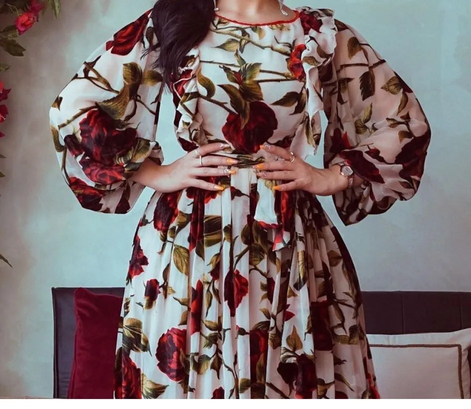 Wjczt Casual Traditional Festive Grosgrain Turkish Ruffle Rose Print Crew Neck Bohemian Muslim Dress Robe Femme Musulmane Ab032