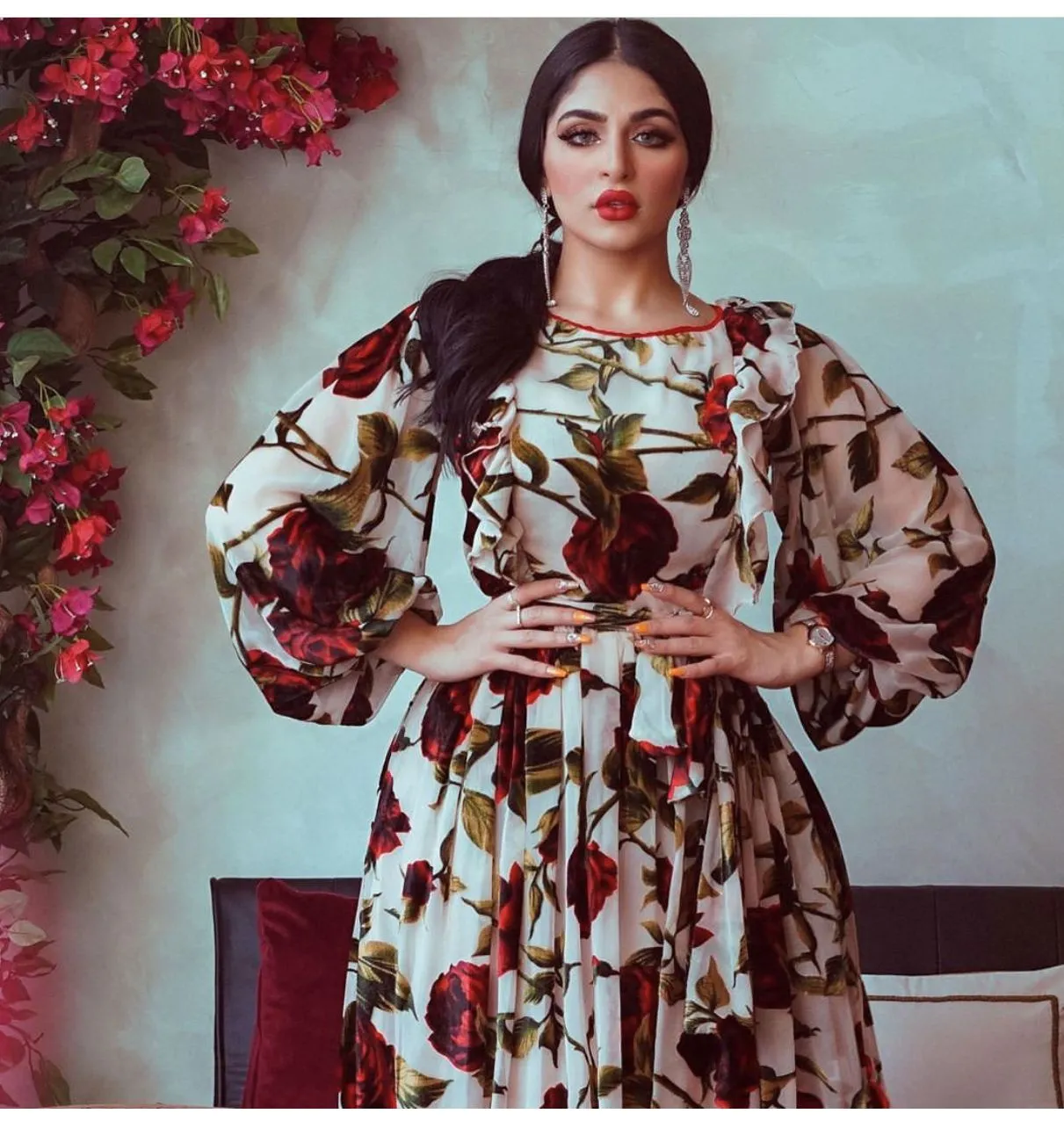 Wjczt Casual Traditional Festive Grosgrain Turkish Ruffle Rose Print Crew Neck Bohemian Muslim Dress Robe Femme Musulmane Ab032