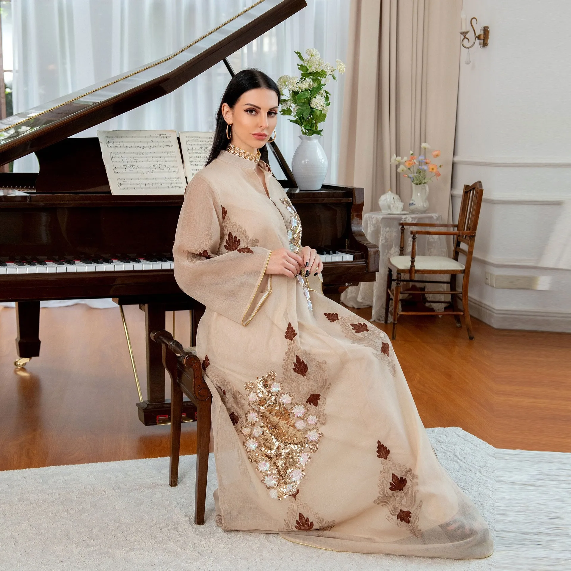 Wjczt Casual Traditional Festive Robe Muslim Abaya Lace Linen Four Sides Sequin Embroidery Skirt Skin Tone Loose Fashion Dress Ab185