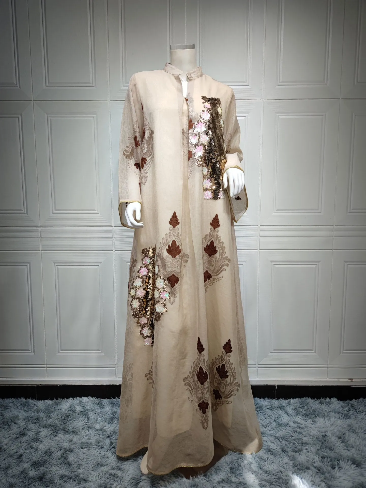 Wjczt Casual Traditional Festive Robe Muslim Abaya Lace Linen Four Sides Sequin Embroidery Skirt Skin Tone Loose Fashion Dress Ab185