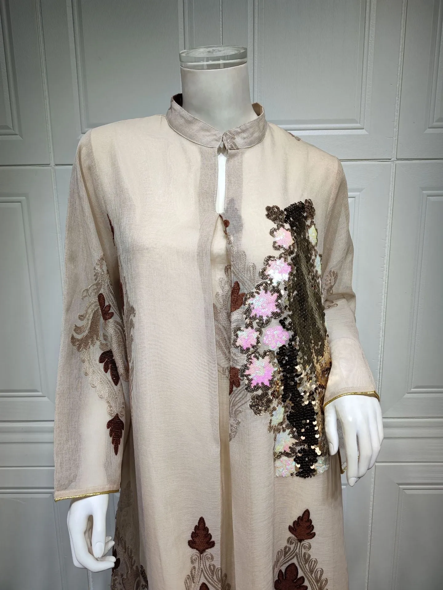 Wjczt Casual Traditional Festive Robe Muslim Abaya Lace Linen Four Sides Sequin Embroidery Skirt Skin Tone Loose Fashion Dress Ab185