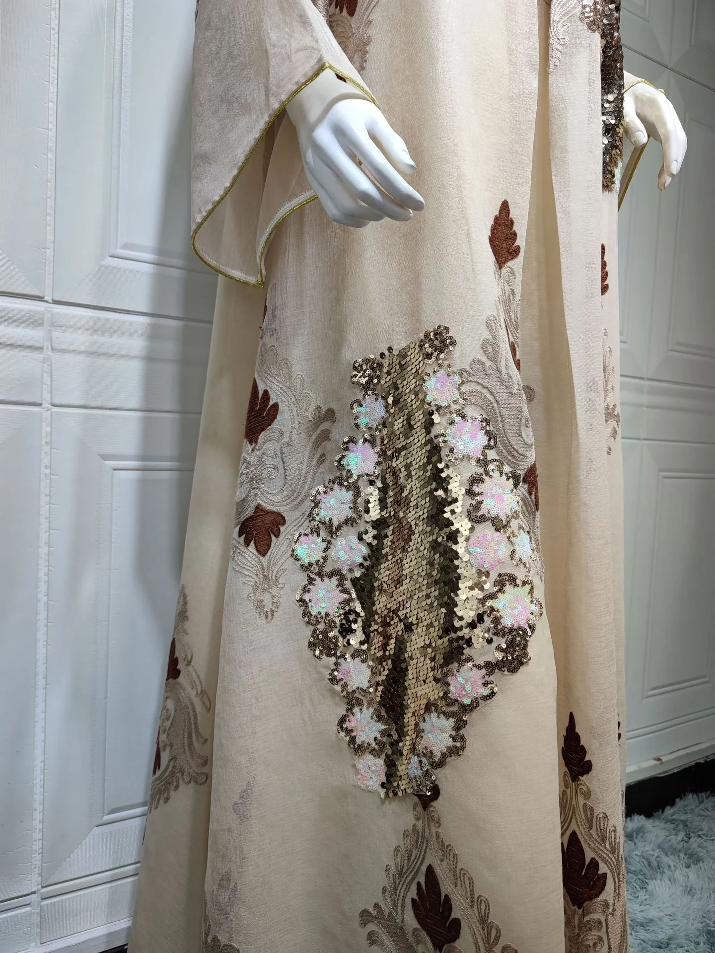 Wjczt Casual Traditional Festive Robe Muslim Abaya Lace Linen Four Sides Sequin Embroidery Skirt Skin Tone Loose Fashion Dress Ab185