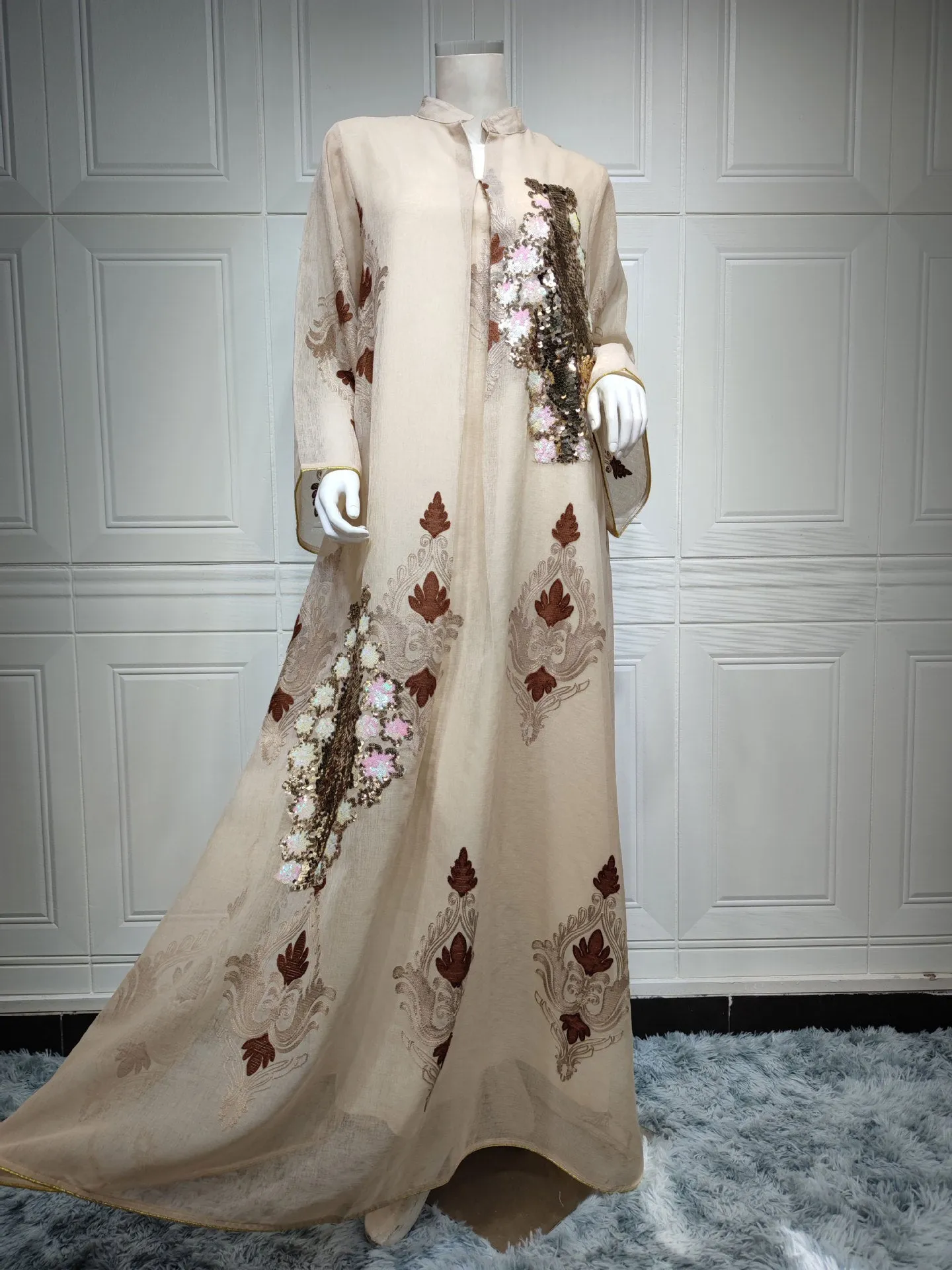Wjczt Casual Traditional Festive Robe Muslim Abaya Lace Linen Four Sides Sequin Embroidery Skirt Skin Tone Loose Fashion Dress Ab185