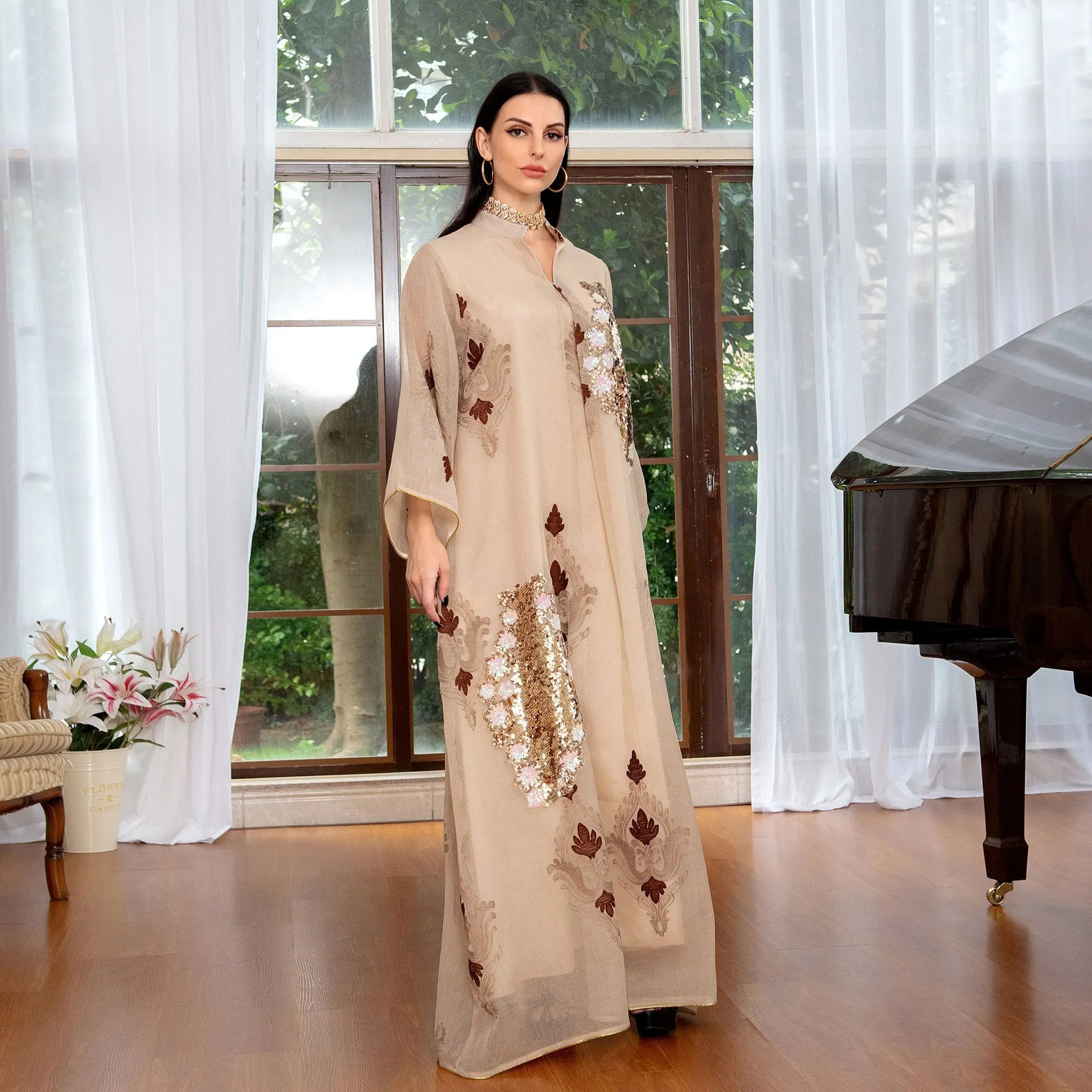 Wjczt Casual Traditional Festive Robe Muslim Abaya Lace Linen Four Sides Sequin Embroidery Skirt Skin Tone Loose Fashion Dress Ab185