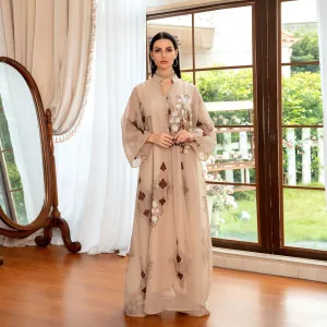 Wjczt Casual Traditional Festive Robe Muslim Abaya Lace Linen Four Sides Sequin Embroidery Skirt Skin Tone Loose Fashion Dress Ab185