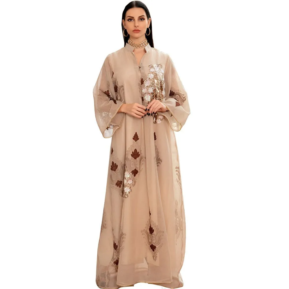Wjczt Casual Traditional Festive Robe Muslim Abaya Lace Linen Four Sides Sequin Embroidery Skirt Skin Tone Loose Fashion Dress Ab185