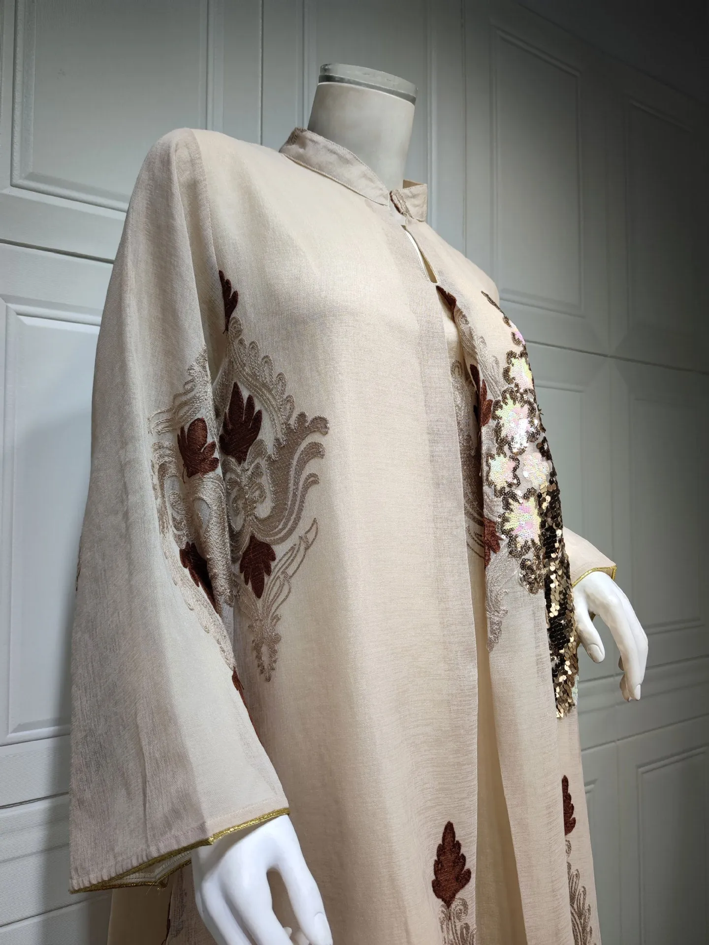 Wjczt Casual Traditional Festive Robe Muslim Abaya Lace Linen Four Sides Sequin Embroidery Skirt Skin Tone Loose Fashion Dress Ab185