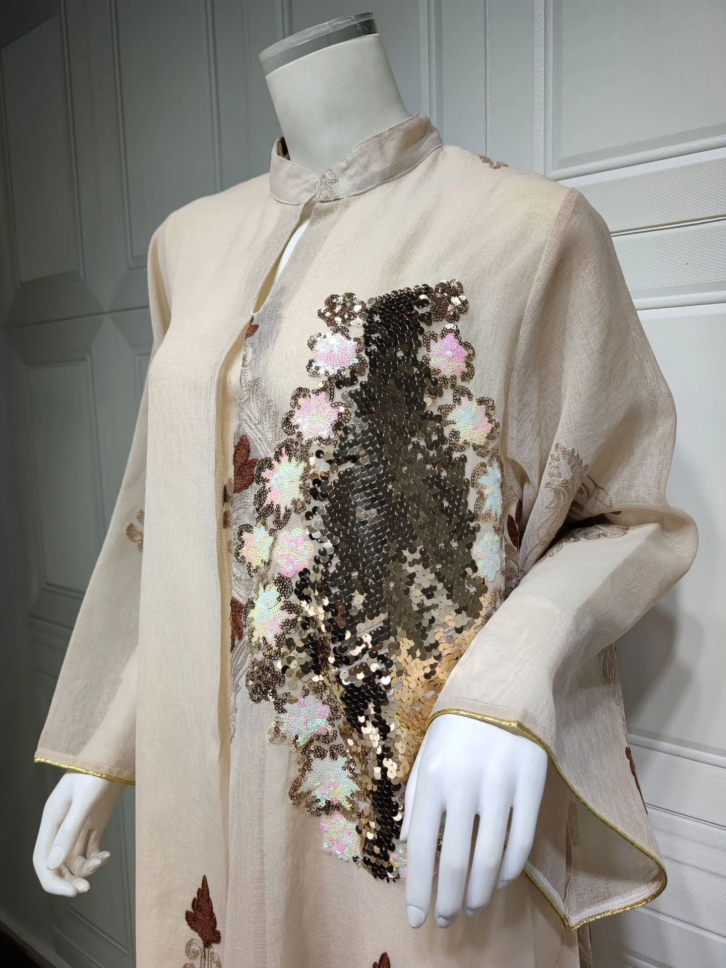Wjczt Casual Traditional Festive Robe Muslim Abaya Lace Linen Four Sides Sequin Embroidery Skirt Skin Tone Loose Fashion Dress Ab185