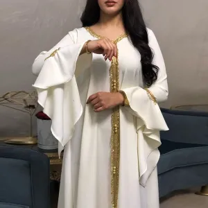 Wjczt Eid Style Abayas For Woman Dubai Fashion Polyester Chiffon Plus Size Long Muslim Dress Appliques Diamonds Robe Femme