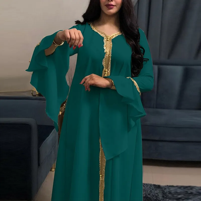 Wjczt Eid Style Abayas For Woman Dubai Fashion Polyester Chiffon Plus Size Long Muslim Dress Appliques Diamonds Robe Femme