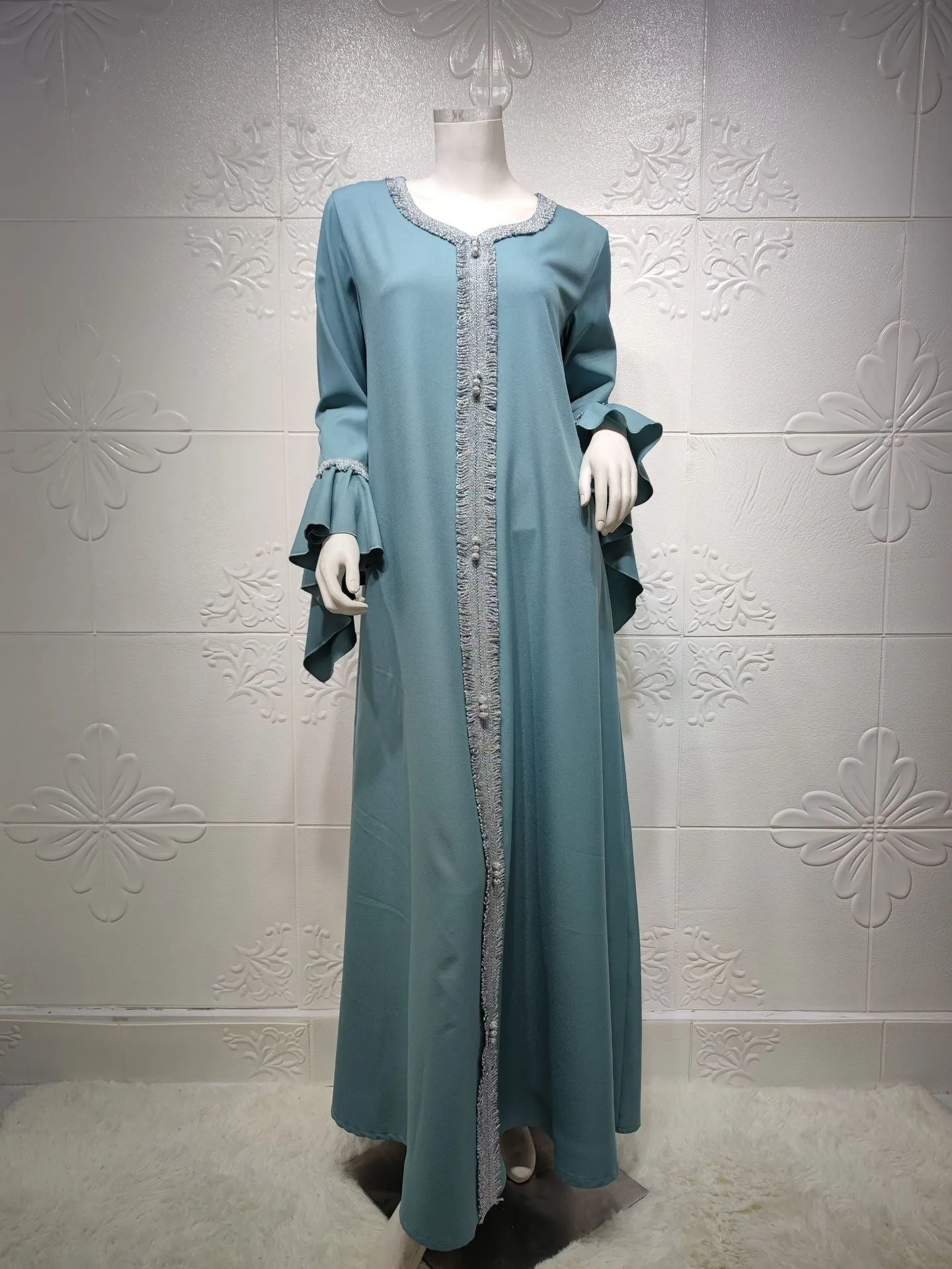 Wjczt Eid Style Abayas For Woman Dubai Fashion Polyester Chiffon Plus Size Long Muslim Dress Appliques Diamonds Robe Femme