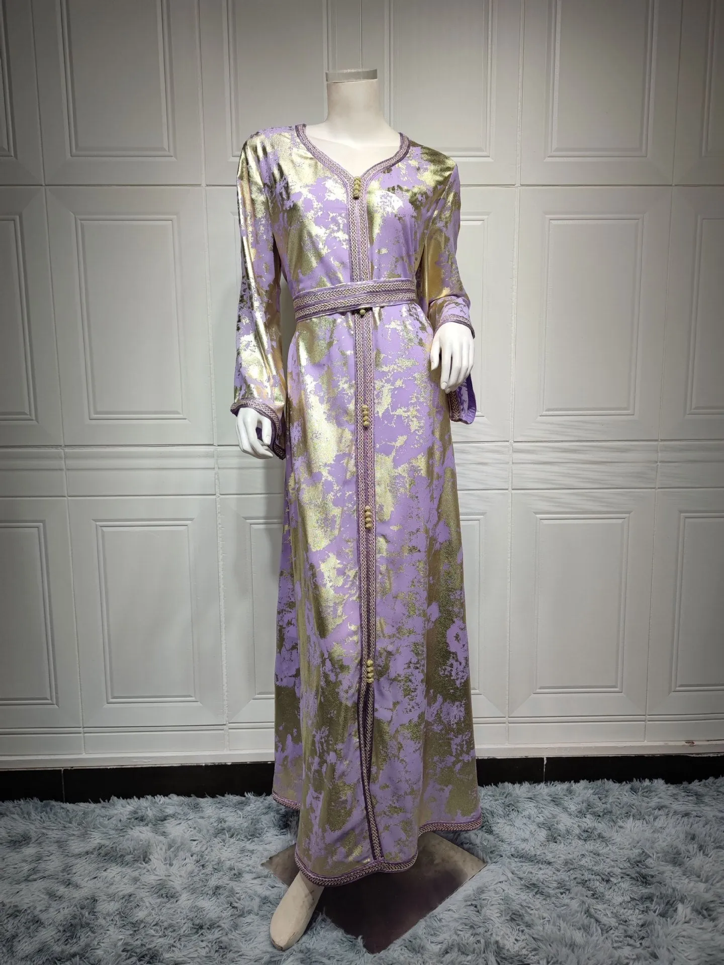 Wjczt Ramadan Eid Dubai Fashion Abayas Autumn Winter New Muslim Gilded Robe Femme V-Neck Printing Chiffon Evening Dress With Belt Plus