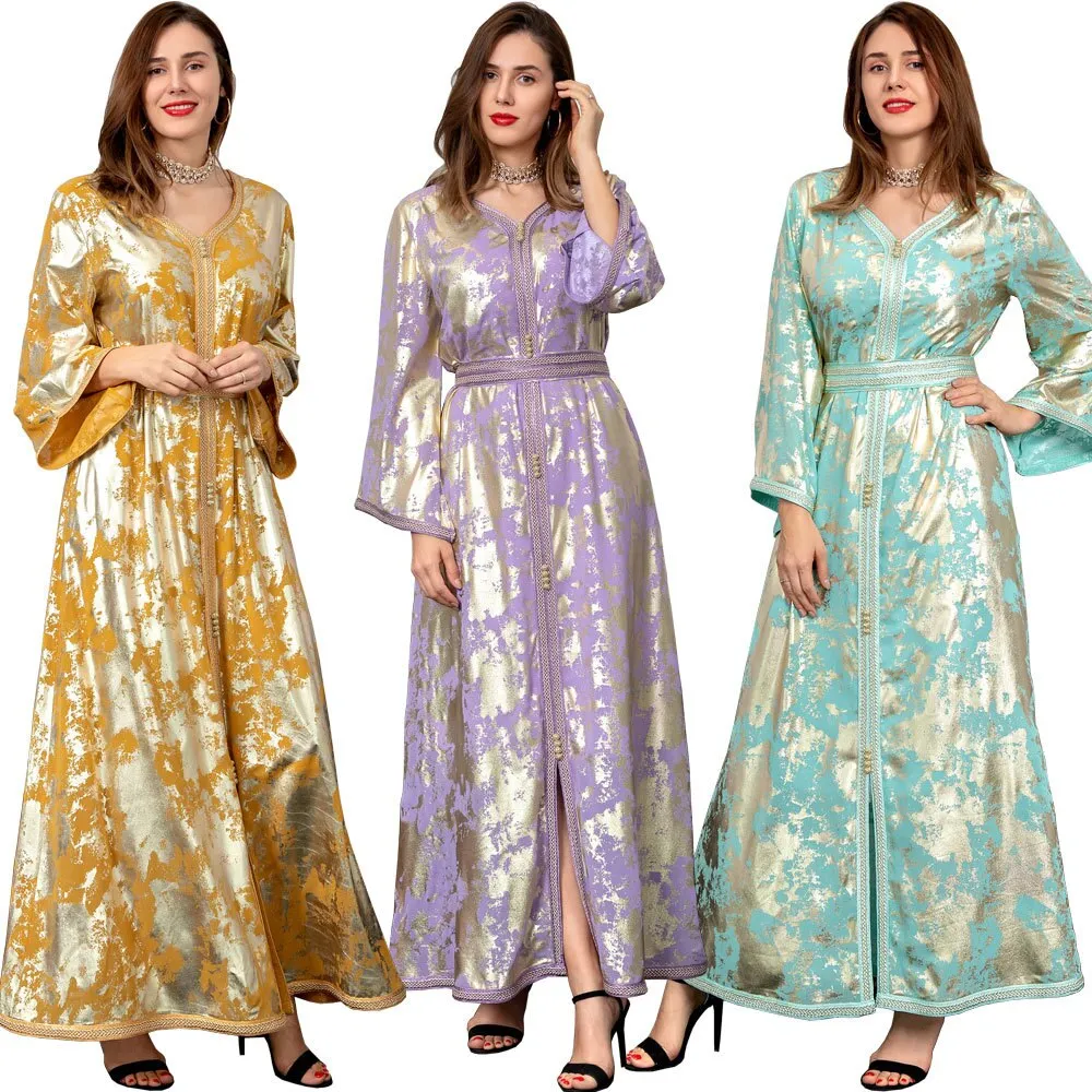 Wjczt Ramadan Eid Dubai Fashion Abayas Autumn Winter New Muslim Gilded Robe Femme V-Neck Printing Chiffon Evening Dress With Belt Plus